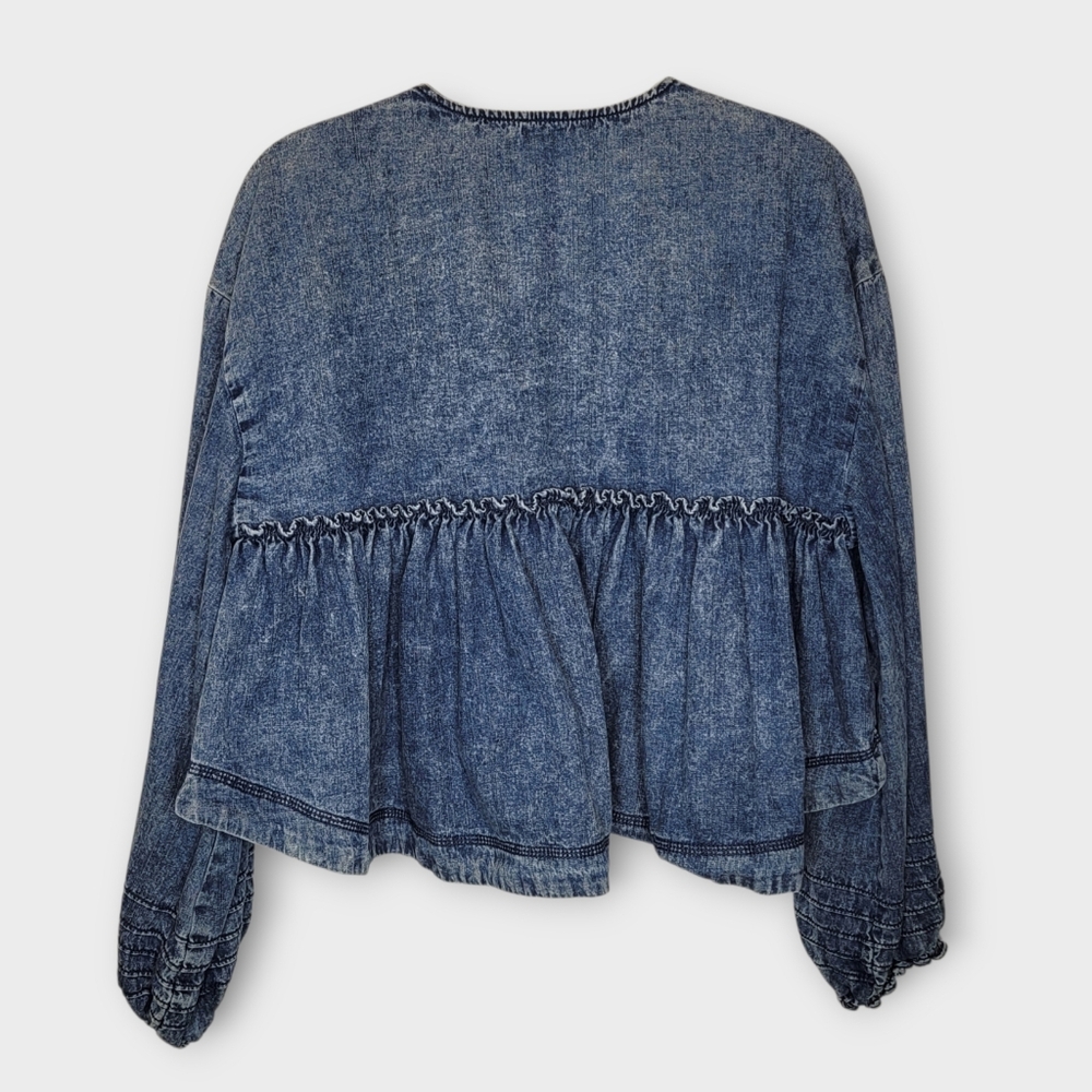 Free People Denim Blue Smocked V-Neck Peasant Blouse - Picture 4 of 8
